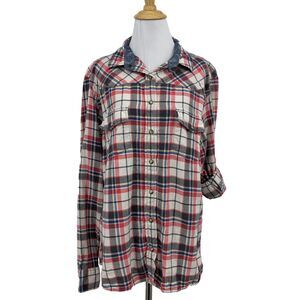 Jachs Girlfriend Shirt Women XL Extra Large Plaid Bea Tab Sleeve Thin Flannel